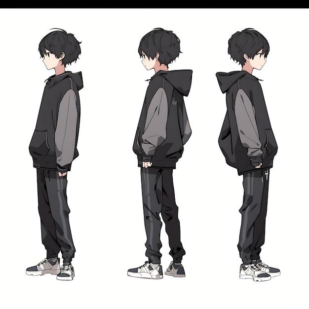 Trendy Anime Boy Character Turnaround Concept Art Sheet Showcasing A Handsome Teen's Stylish Design