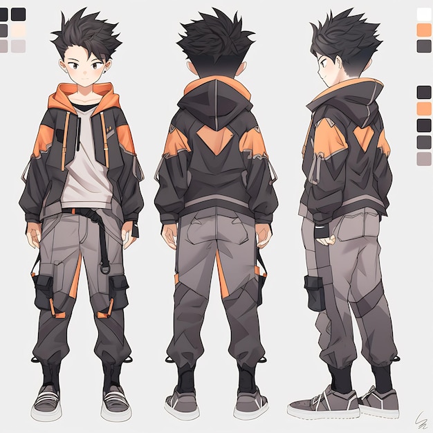 Модный концепт-арт персонажа аниме-мальчика, демонстрирующий стильный дизайн красивого подростка