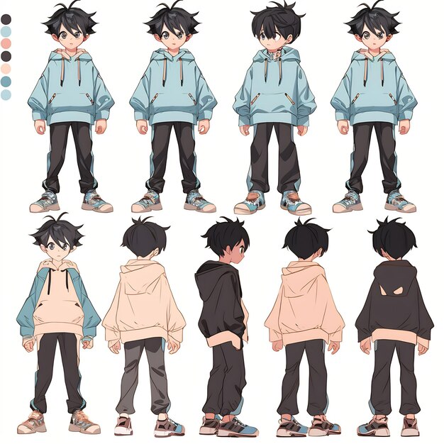 Premium AI Image  Trendy Anime Boy Character Turnaround Concept Art Sheet  Showcasing A Handsome Teen's Stylish Design