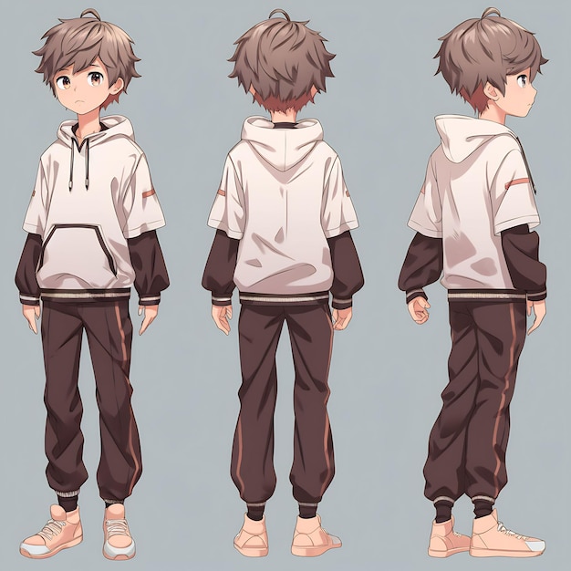 Trendy Anime Boy Character Turnaround Concept Art Sheet Showcasing A Handsome Teen's Stylish Design