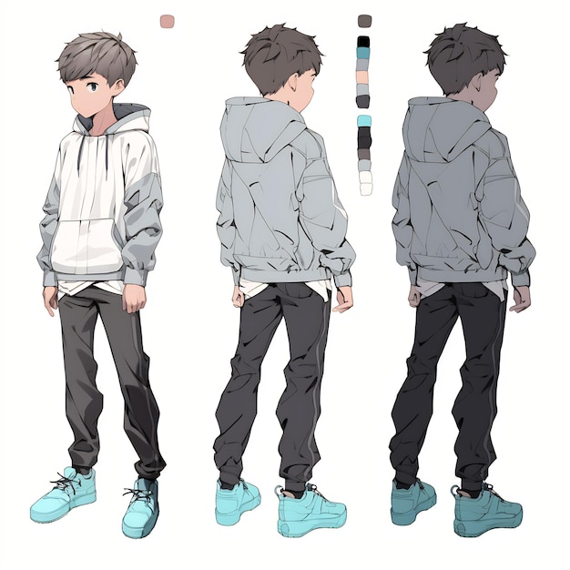 Trendy Anime Boy Character Turnaround Concept Art Sheet Showcasing A Handsome Teen's Stylish Design