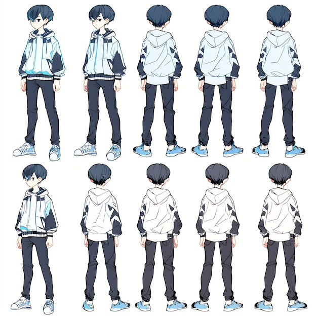 Trendy Anime Boy Character Turnaround Concept Art Sheet Showcasing A Handsome Teen's Stylish Design