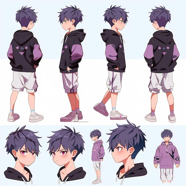 Premium AI Image  Trendy Anime Boy Character Turnaround Concept Art Sheet  Showcasing A Handsome Teen's Stylish Design