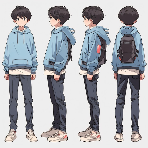 Trendy Anime Boy Character Turnaround Concept Art Sheet Showcasing A Handsome Teen's Stylish Design