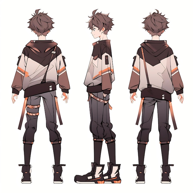 Trendy Anime Boy Character Turnaround Concept Art Sheet Showcasing A Handsome Teen's Stylish Design