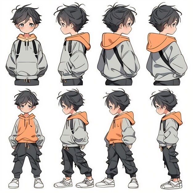 Premium AI Image  Trendy Anime Boy Character Turnaround Concept Art Sheet  Showcasing A Handsome Teen's Stylish Design