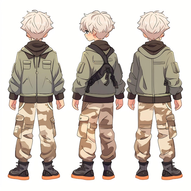 Trendy Anime Boy Character Turnaround Concept Art Sheet Showcasing A Handsome Teen's Stylish Design