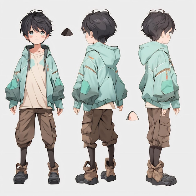 Trendy Anime Boy Character Turnaround Concept Art Sheet Showcasing A Handsome Teen's Stylish Design