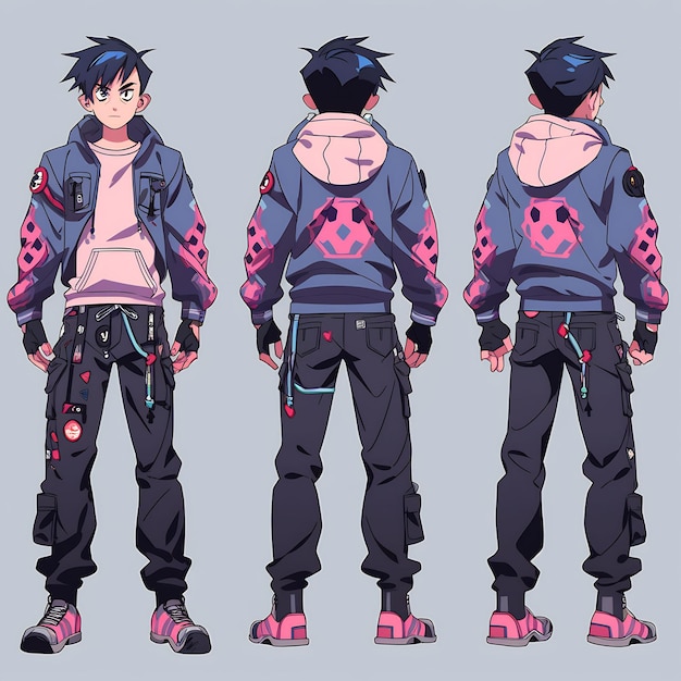 Trendy Anime Boy Character Turnaround Concept Art Sheet Showcasing A Handsome Teen's Stylish Design