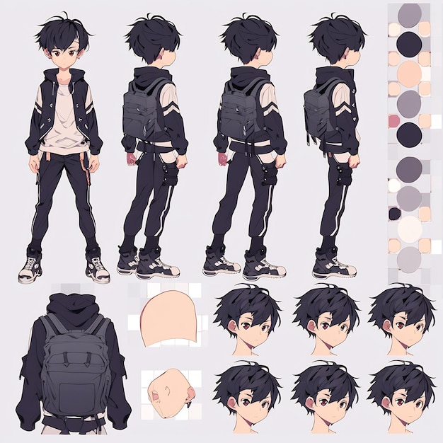 Premium AI Image  Trendy Anime Boy Character Turnaround Concept Art Sheet  Showcasing A Handsome Teen's Stylish Design