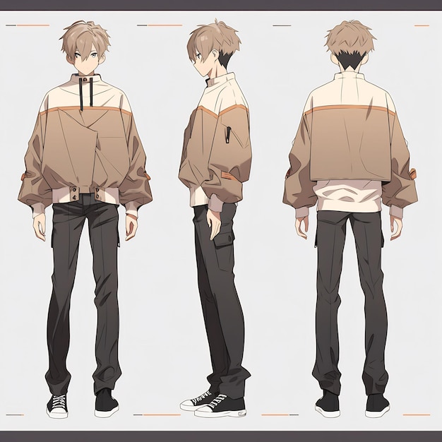 Trendy Anime Boy Character Turnaround Concept Art Sheet Showcasing A Handsome Teen's Stylish Design