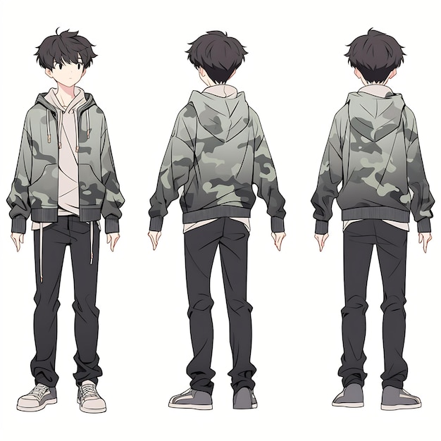 Trendy Anime Boy Character Turnaround Concept Art Sheet Showcasing A Handsome Teen's Stylish Design