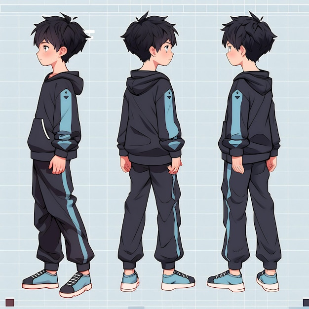 Trendy anime boy character turnaround concept art sheet showcasing a handsome teen's stylish design