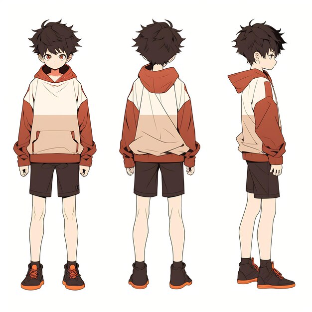 Trendy Anime Boy Character Turnaround Concept Art Sheet Showcasing A Handsome Teen's Stylish Design