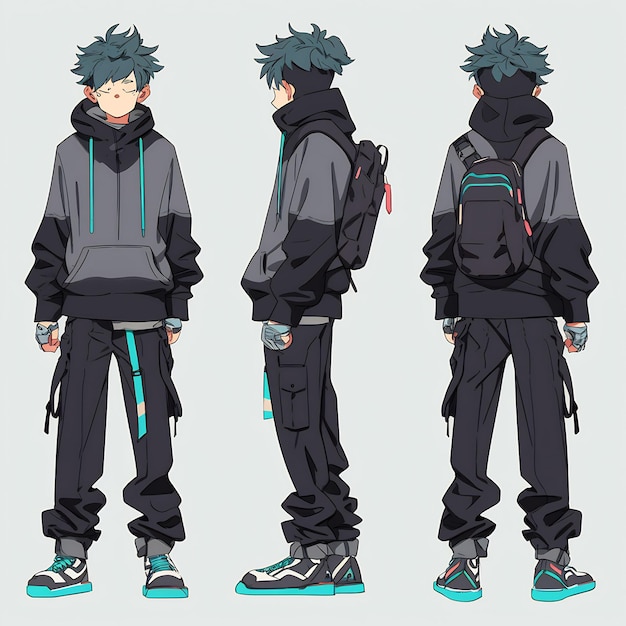 Trendy Anime Boy Character Turnaround Concept Art Sheet Showcasing A Handsome Teen's Stylish Design