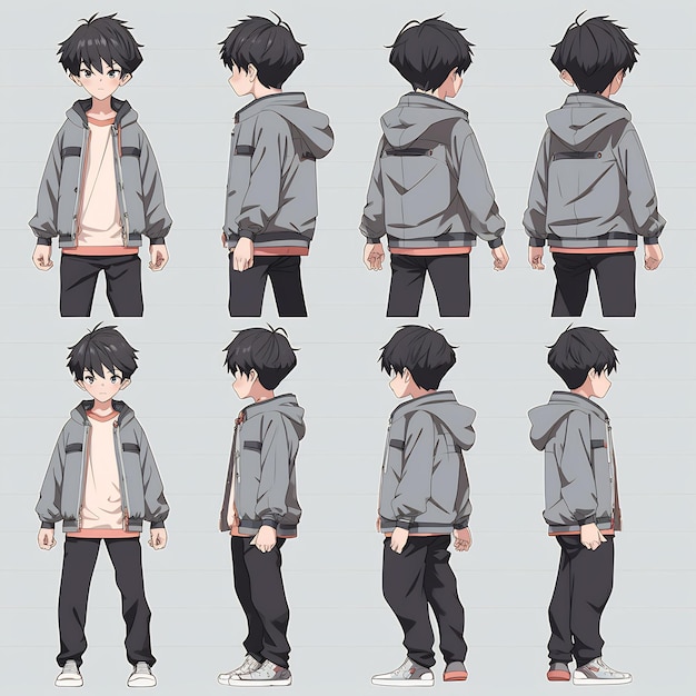 ハンサムな十代のスタイリッシュなデザインを紹介するトレンディなアニメ少年キャラクターのターンアラウンド コンセプト アート シート