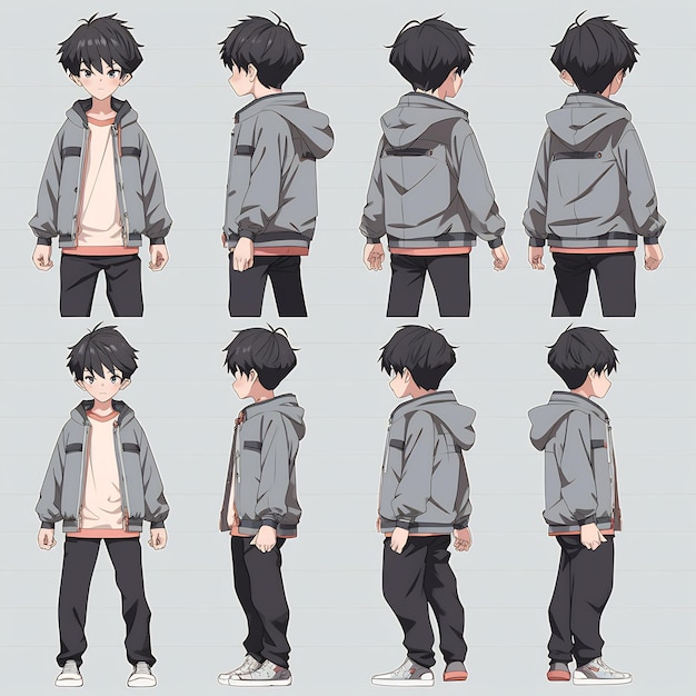 Photo trendy anime boy character turnaround concept art sheet showcasing a handsome teen's stylish design