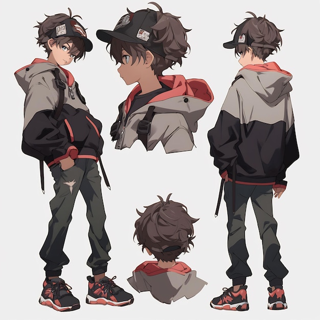 Trendy Anime Boy Character Turnaround Concept Art Sheet Showcasing A Handsome Teen's Stylish Design