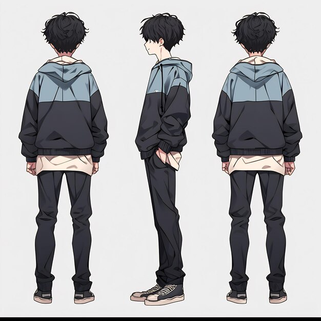 Trendy Anime Boy Character Turnaround Concept Art Sheet Showcasing A Handsome Teen's Stylish Design