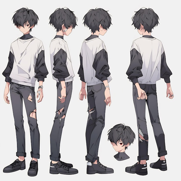 Trendy Anime Boy Character Turnaround Concept Art Sheet Showcasing A Handsome Teen's Stylish Design