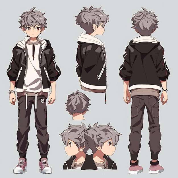 Trendy Anime Boy Character Turnaround Concept Art Sheet Showcasing A Handsome Teen's Stylish Design