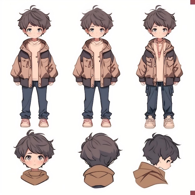 Premium AI Image  Trendy Anime Boy Character Turnaround Concept Art Sheet  Showcasing A Handsome Teen's Stylish Design