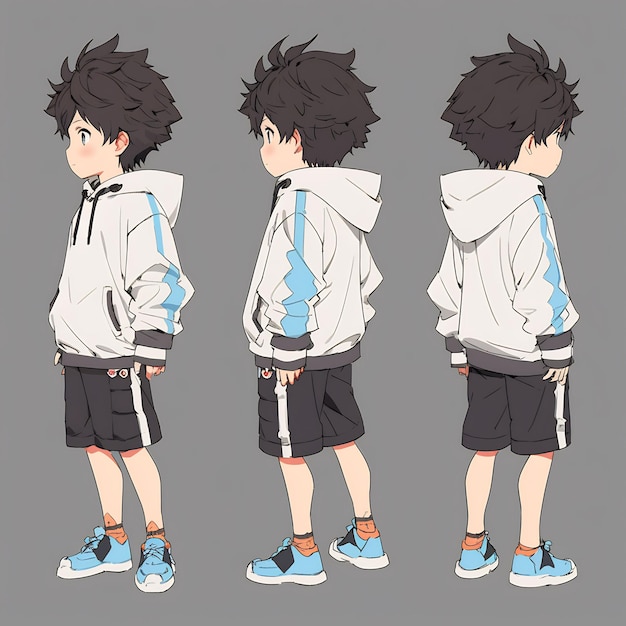 Trendy anime boy character turnaround concept art sheet showcasing a handsome teen's stylish design