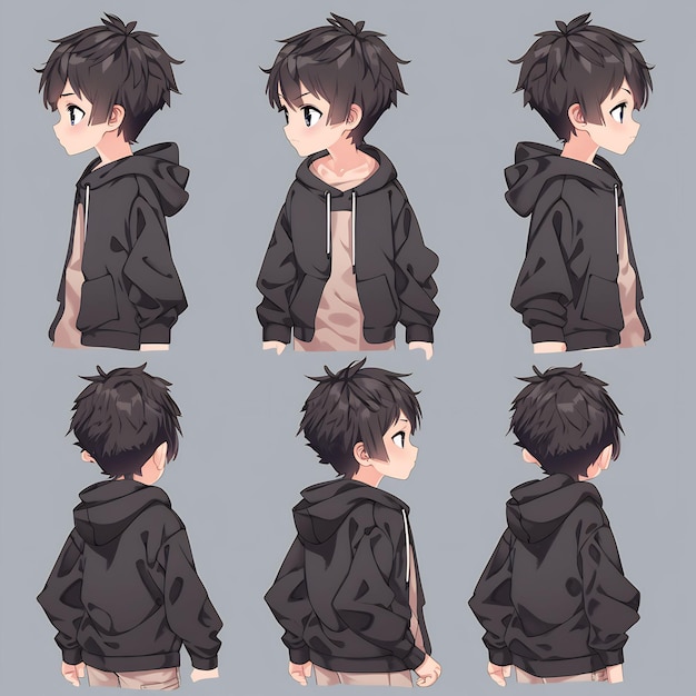 Trendy Anime Boy Character Turnaround Concept Art Sheet Showcasing A Handsome Teen's Stylish Design