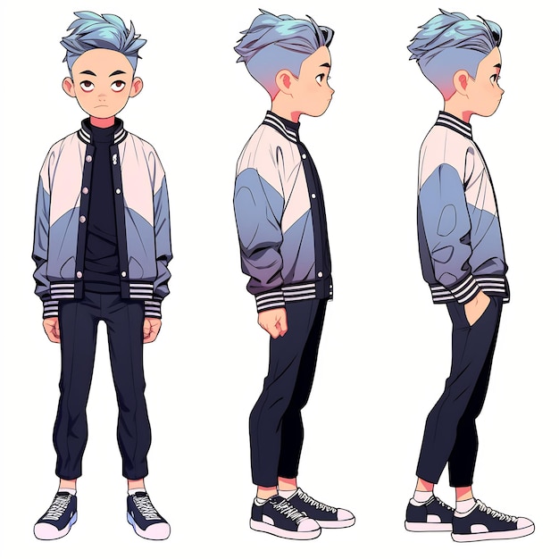 Trendy Anime Boy Character Turnaround Concept Art Sheet Showcasing A Handsome Teen's Stylish Design