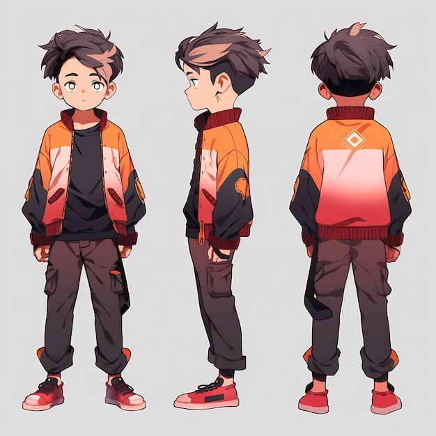 Trendy Anime Boy Character Turnaround Concept Art Sheet Showcasing A Handsome Teen's Stylish Design