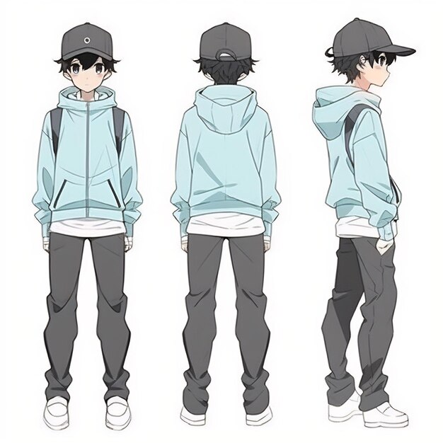 Trendy Anime Boy Character Turnaround Concept Art Sheet Showcasing A Handsome Teen's Stylish Design