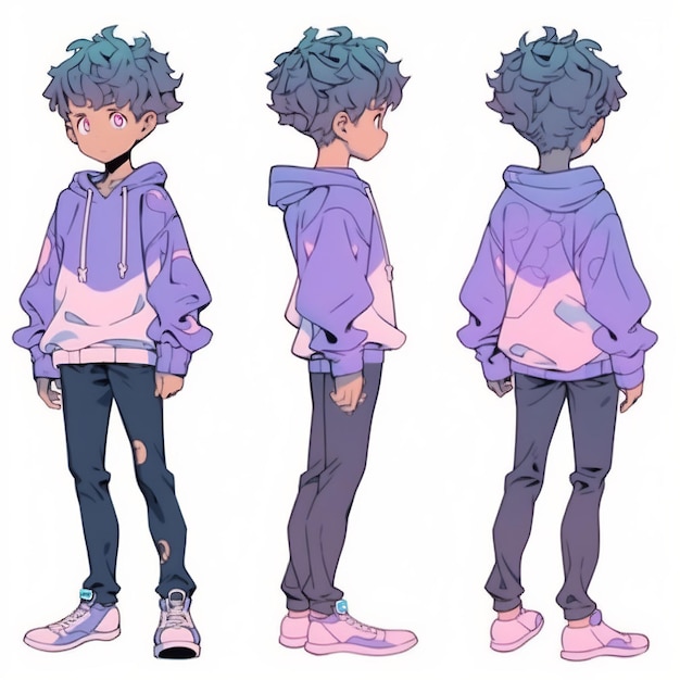 Trendy Anime Boy Character Turnaround Concept Art Sheet Showcasing A Handsome Teen's Stylish Design