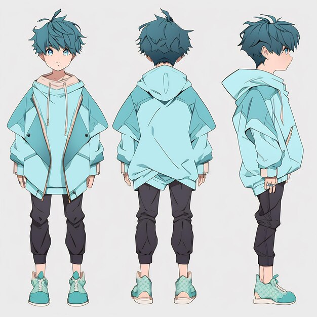 Premium AI Image  Trendy Anime Boy Character Turnaround Concept Art Sheet  Showcasing A Handsome Teen's Stylish Design