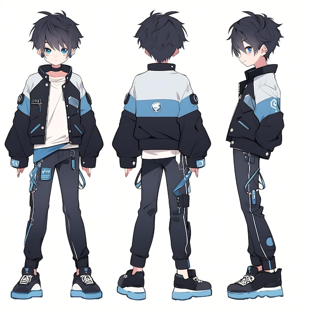 Trendy Anime Boy Character Turnaround Concept Art Sheet Showcasing A Handsome Teen's Stylish Design