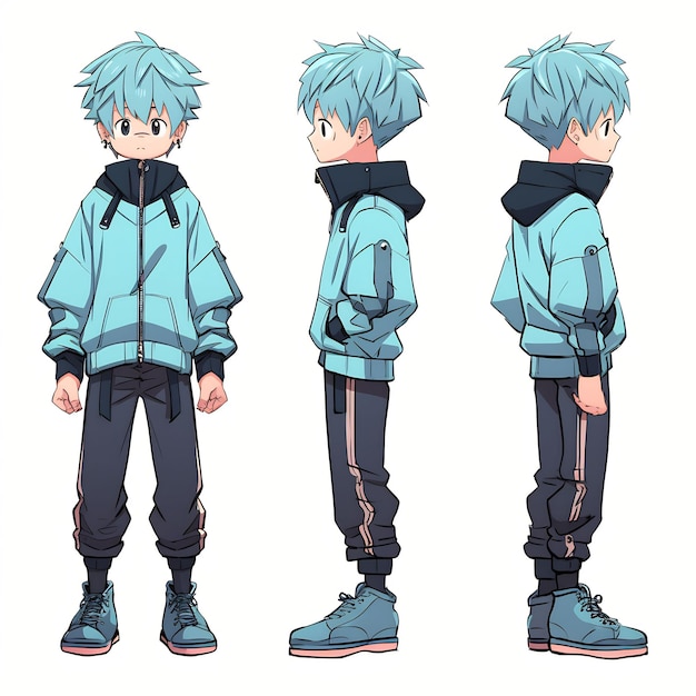 Trendy Anime Boy Character Turnaround Concept Art Sheet Showcasing A Handsome Teen's Stylish Design