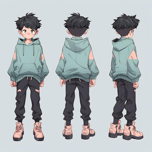 Premium AI Image  Trendy Anime Boy Character Turnaround Concept Art Sheet  Showcasing A Handsome Teen's Stylish Design