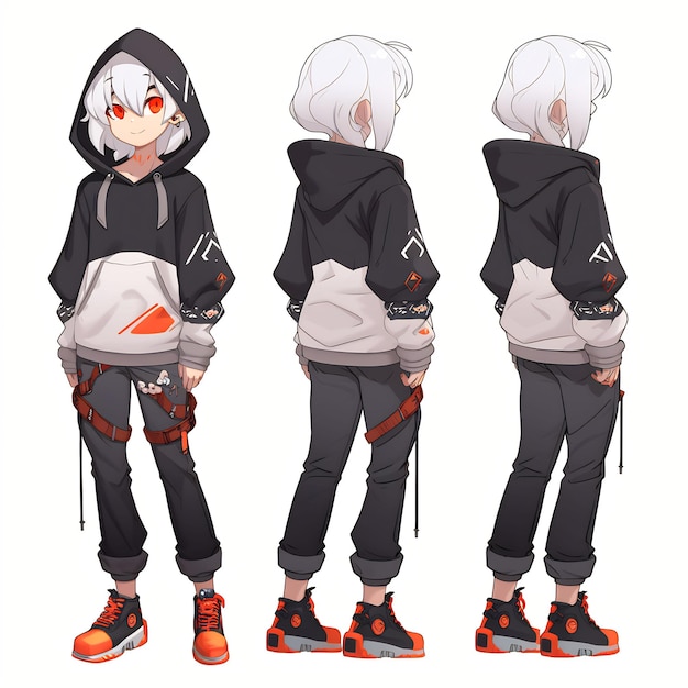 Trendy Anime Boy Character Turnaround Concept Art Sheet Showcasing A Handsome Teen's Stylish Design