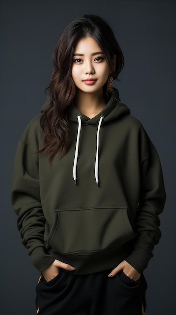 Trendy Asian woman model standing in a sweatshirt cool poses Generative AI