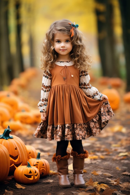 トレンディな秋の可愛さ 小さな女の子のスタイリッシュな服装