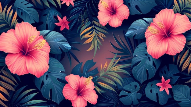 On a trendy background we see a tropical forest art deco wallpaper with exotic flowers and leaves splitleaf Philodendron plant monstera plant jungle plants line artwork and jungle plants line