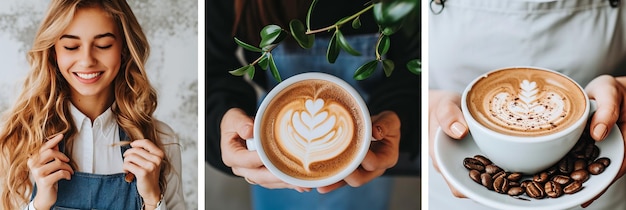 Photo trendy barista coffee shop collage with white vertical lines and bright light style segments