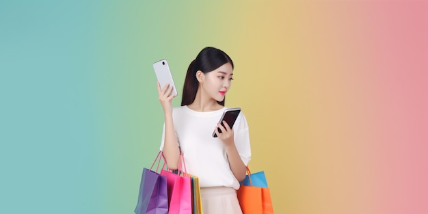 カラフルなバッグを背負うトレンディな美しい若いアジア人女性コピースペースのパステル背景に隔離された携帯電話でオンラインショッピング
