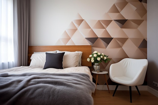 Foto camera da letto alla moda con una parete ad accento geometrico che fornisce spazio per le copie