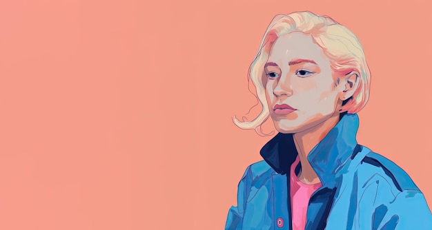 Trendy blonde woman in blue and pink tshirt or jacket Minimalistic illustration Generative AI