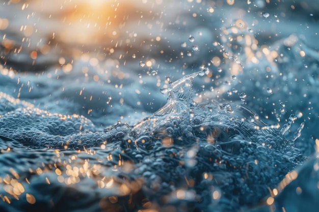 潮流の青い水波の質感 泡と太陽の光