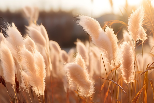 Trendy botanical background with fluffy pampas grass Cortaderia moving in the wind