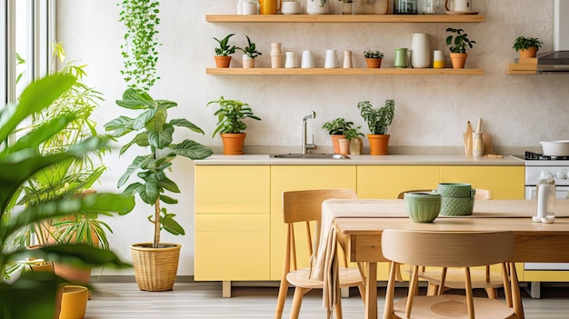 Trendy and bright kitchen with decor wood table and plants