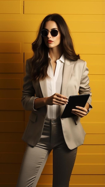 Trendy businesswoman holding tablet and sunglasses leaning metal wall and looking at camera with