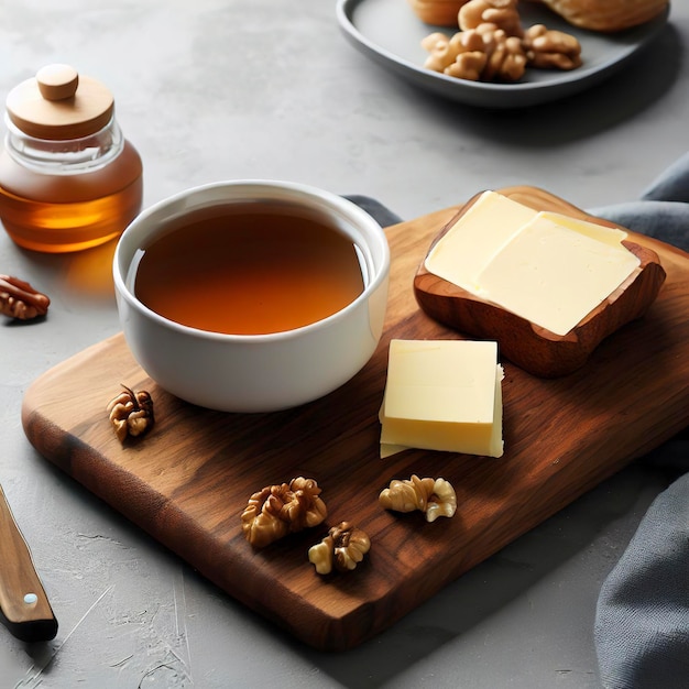 회색 배경의 아침 식사로 꿀과 호두가 포함된 세련된 버터 보드