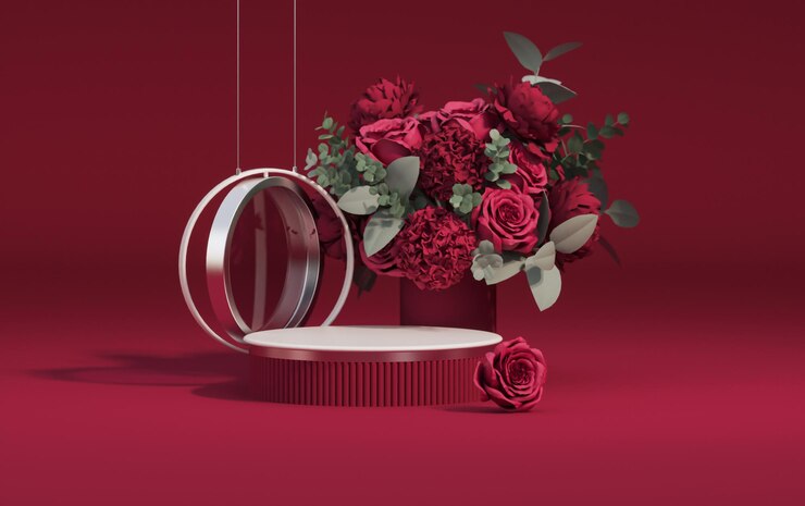 Photo trendy color of year 2023 - viva magenta. abstract minimalistic scene with podium geometric forms.